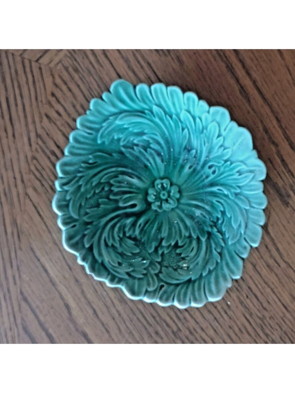 Vintage Green Majolica Plate Acanthus Leaf Flower Small Saucer Trinket Dish